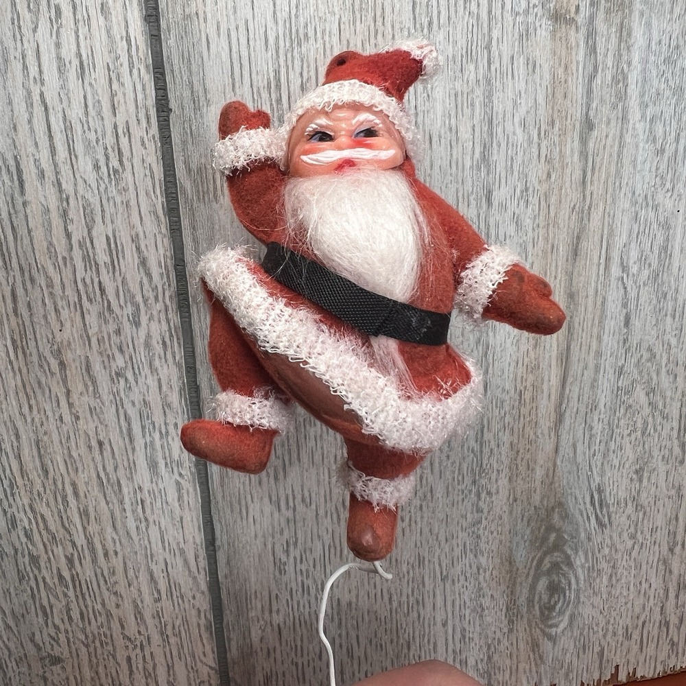 Vintage Christmas Floral Pick Flocked Dancing Santa Claus on Wire Made in Japan